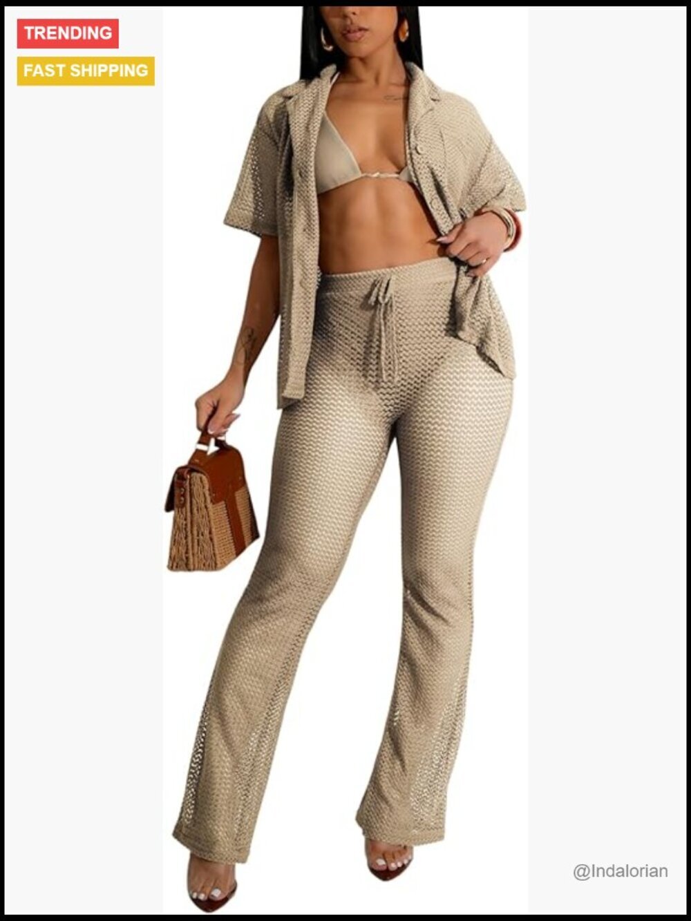 2-Piece Crochet Hollow Out Beach Set with Button Top & Drawstring Pants